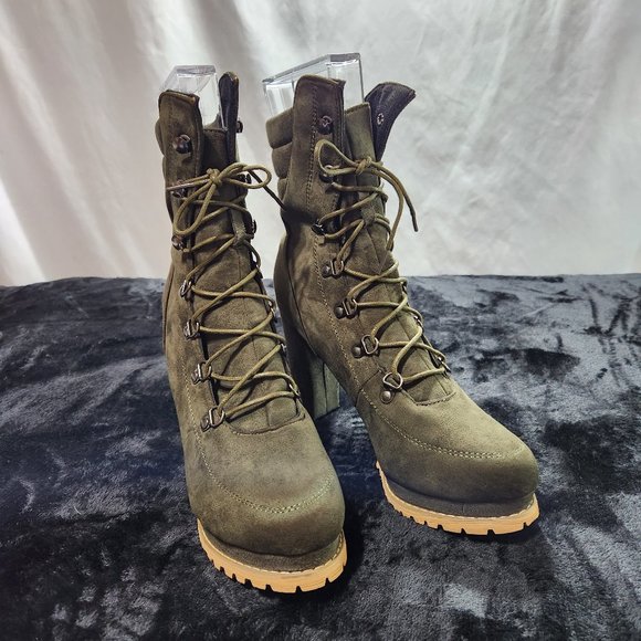 Green Faux Suede Lace-up 4" Block Heel Ankle Booties - Picture 3 of 7